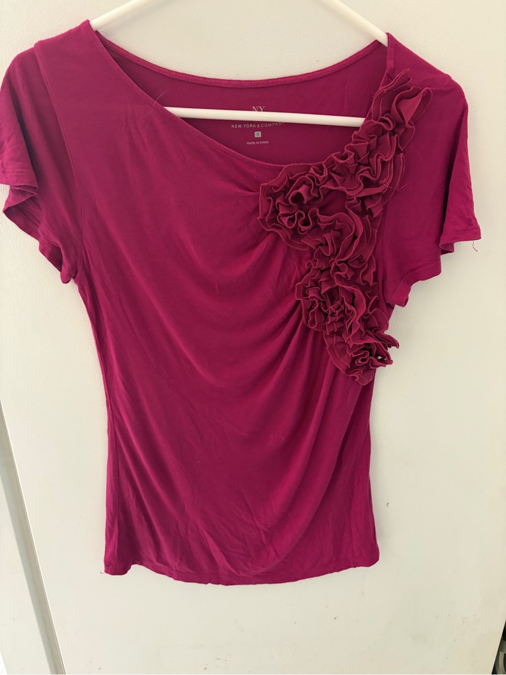 New York & Company Women's Magenta Ruffle Scoop Neck Top